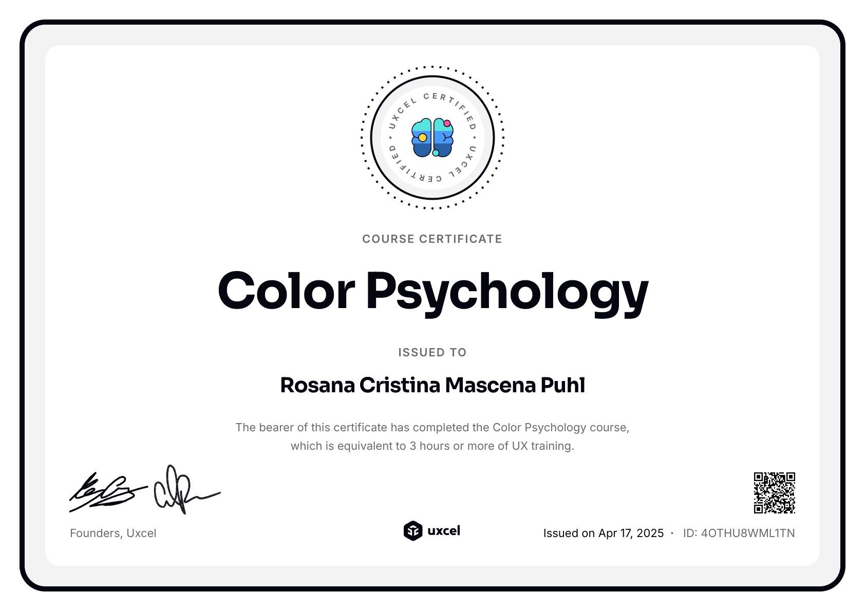 Rosana Cristina Mascena Puhl's certificate